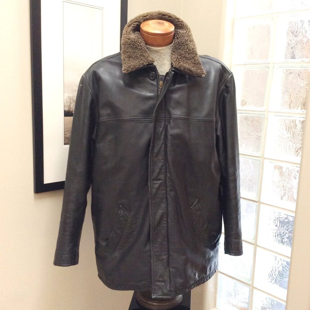 Men's Winter Leather BOVINES Jacket Coat Sheepskin Collar. Black XXL